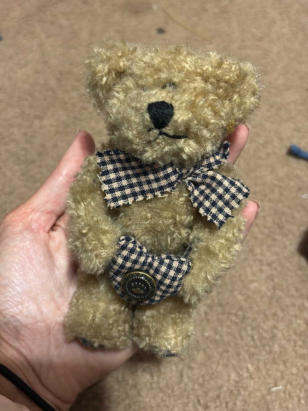 Boyds Bears Tan Plush Bear with Navy Check Bow and Heart
